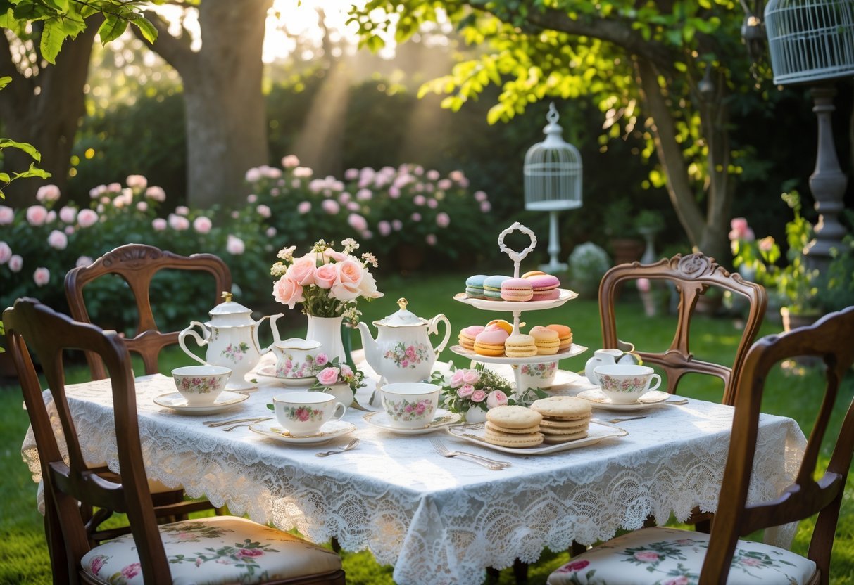 21+ Garden Party Theme Ideas: Stylish Concepts for Memorable Outdoor Events in the US 3 An outdoor garden table set for a tea party with teacups, a teapot, flowers, and assorted pastries surrounded by chairs and greenery.