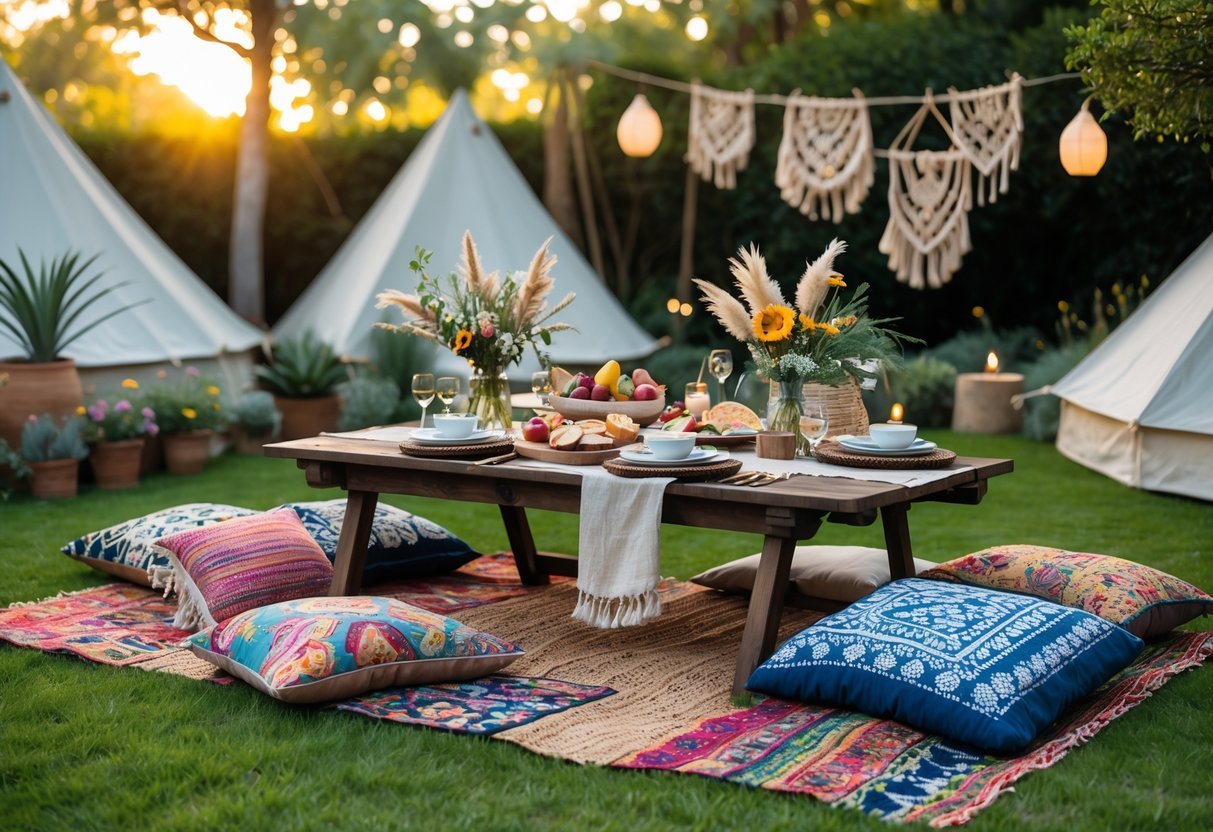 21+ Garden Party Theme Ideas: Stylish Concepts for Memorable Outdoor Events in the US 4 Outdoor picnic setup with a low wooden table, colorful cushions, rugs, flowers, and food in a green garden under soft lighting.