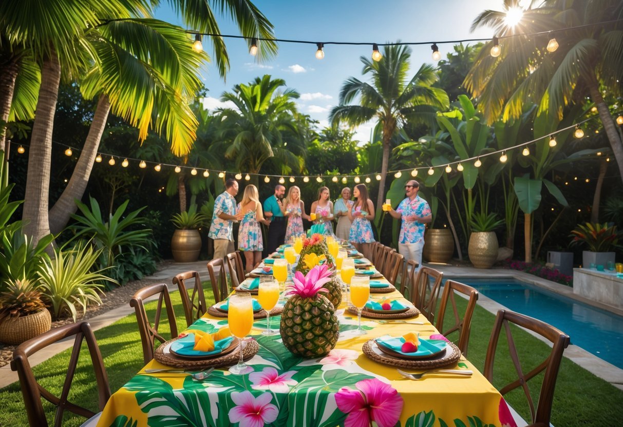 21+ Garden Party Theme Ideas: Stylish Concepts for Memorable Outdoor Events in the US 5 Outdoor garden party with tropical plants, decorated table with flowers and fruit, and people enjoying drinks under string lights.