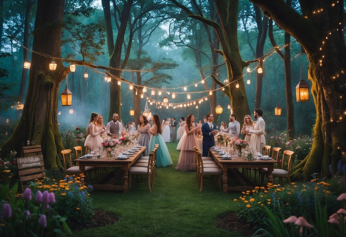 21+ Garden Party Theme Ideas: Stylish Concepts for Memorable Outdoor Events in the US 6 A forest clearing decorated for a garden party with tables, flowers, hanging lights, and people enjoying the celebration among tall trees.