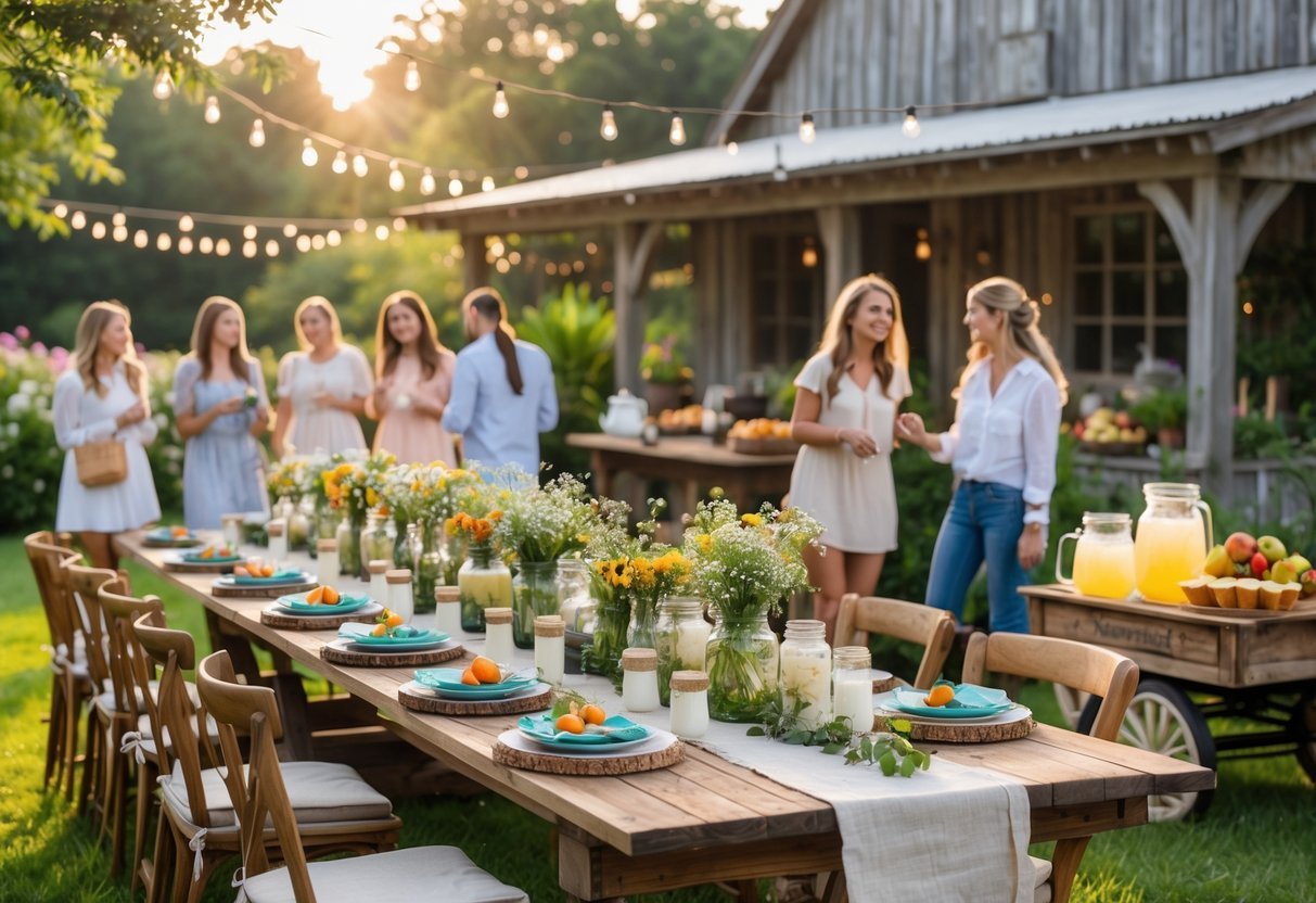 21+ Garden Party Theme Ideas: Stylish Concepts for Memorable Outdoor Events in the US 7 An outdoor garden party with a wooden table set with flowers, food, and drinks, surrounded by chairs and greenery, with people enjoying the gathering near a rustic farmhouse.