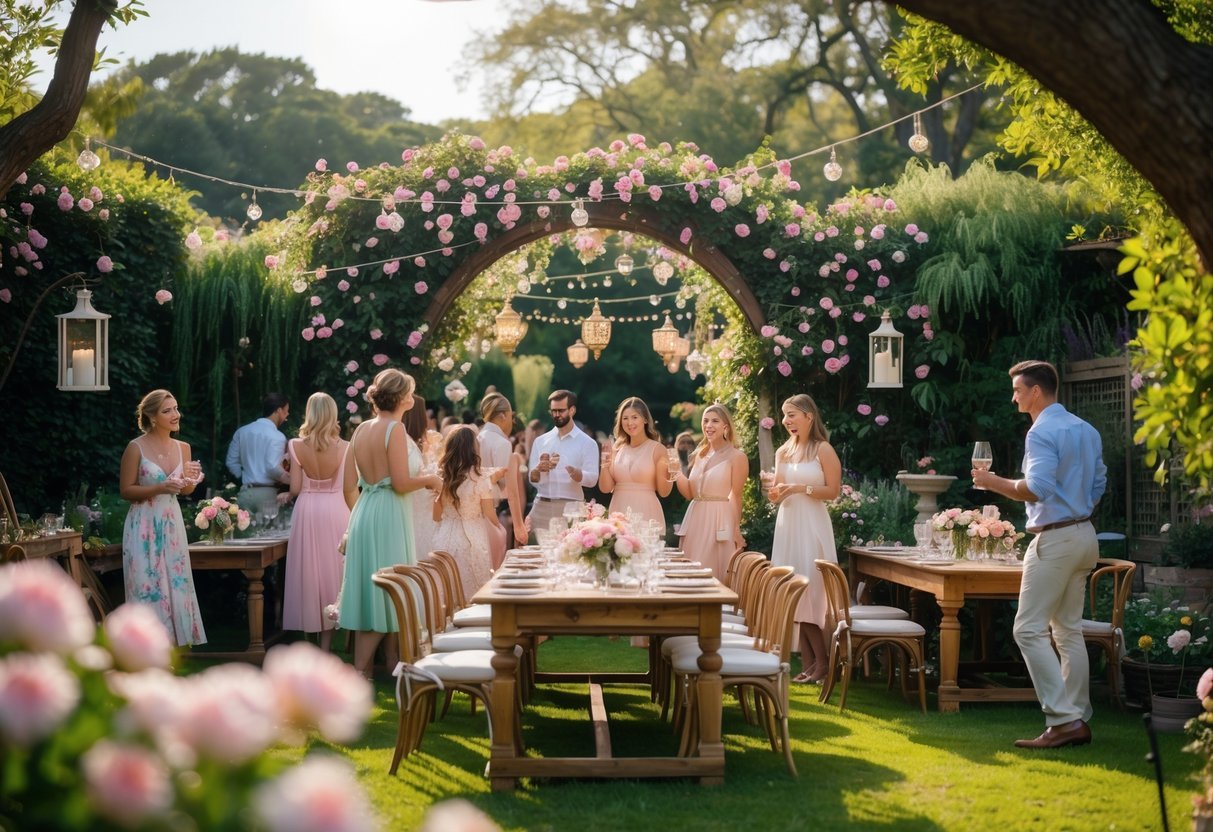 21+ Garden Party Theme Ideas: Stylish Concepts for Memorable Outdoor Events in the US 8 A sunny garden party with guests enjoying drinks around decorated tables surrounded by flowers and greenery.