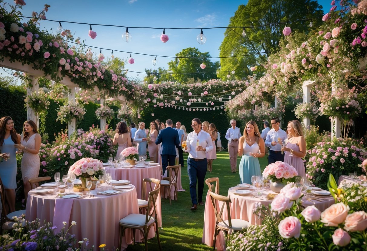 21+ Garden Party Theme Ideas: Stylish Concepts for Memorable Outdoor Events in the US 9 Outdoor garden party with tables decorated with fresh flowers and guests socializing under hanging floral garlands and fairy lights.