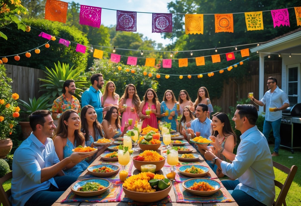 21+ Garden Party Theme Ideas: Stylish Concepts for Memorable Outdoor Events in the US 10 A colorful summer garden party with people enjoying food and drinks around a decorated table under hanging festive banners and string lights.