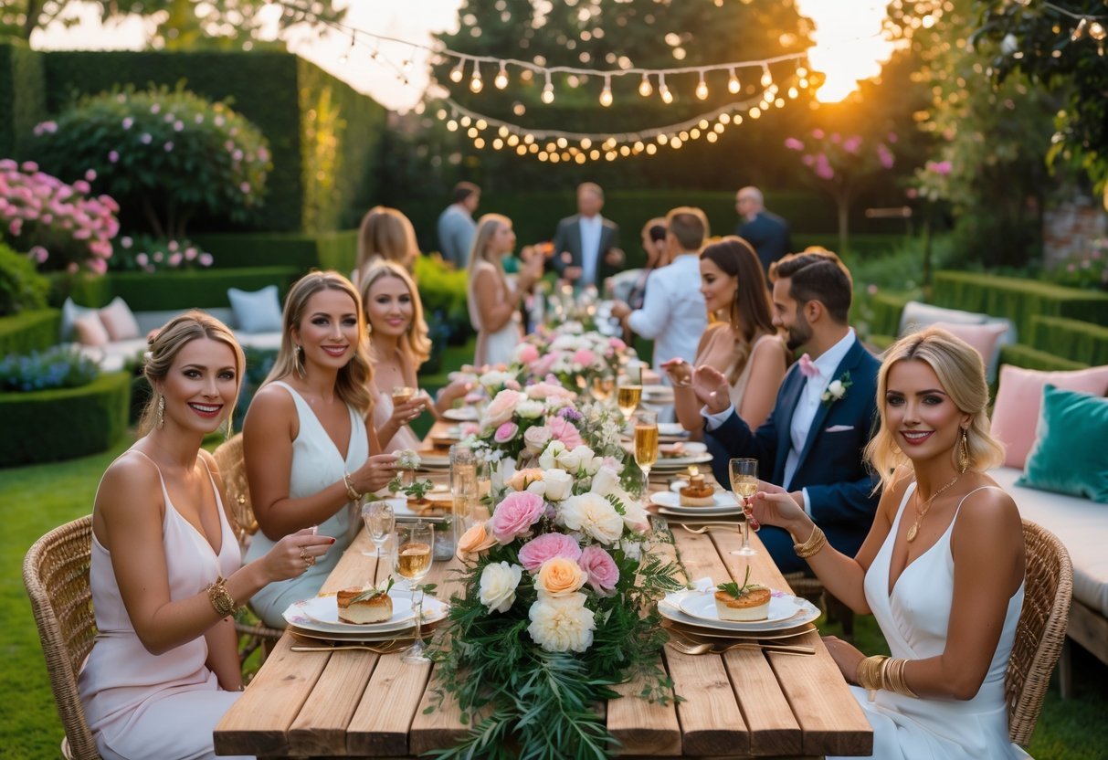 21+ Garden Party Theme Ideas: Stylish Concepts for Memorable Outdoor Events in the US 11 An outdoor garden party with a decorated table, guests socializing, and lush greenery in the background.