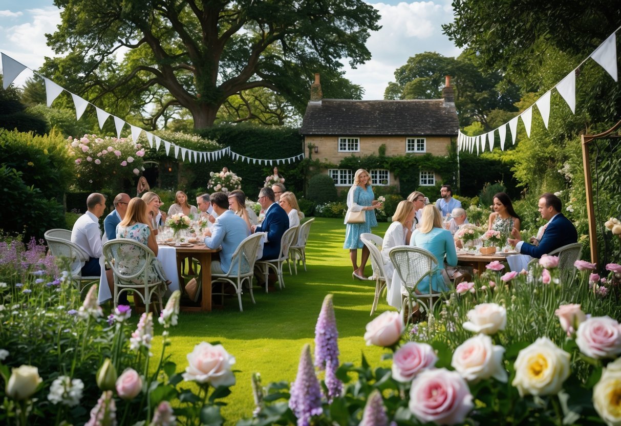 21+ Garden Party Theme Ideas: Stylish Concepts for Memorable Outdoor Events in the US 12 A garden party in an English country garden with guests enjoying tea around a decorated outdoor table surrounded by flowers and trees.