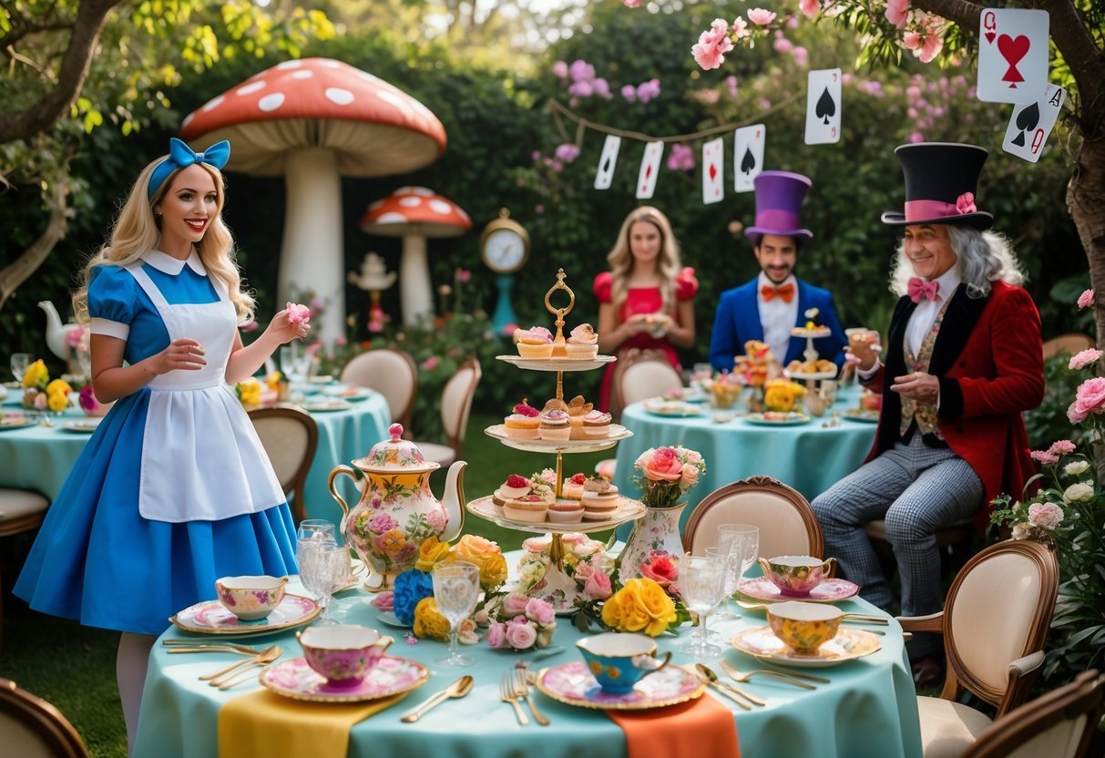 21+ Garden Party Theme Ideas: Stylish Concepts for Memorable Outdoor Events in the US 13 A garden party with people dressed as characters from Alice in Wonderland, surrounded by flowers, teacups, oversized mushrooms, and decorative playing cards.