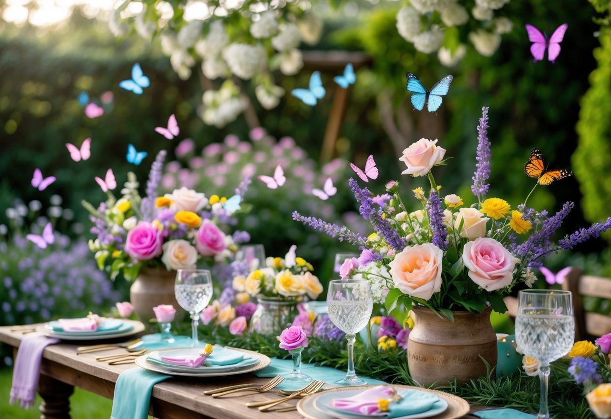 21+ Garden Party Theme Ideas: Stylish Concepts for Memorable Outdoor Events in the US 14 A garden party setup with a wooden table decorated with colorful flowers and butterflies fluttering around in a lush outdoor garden.