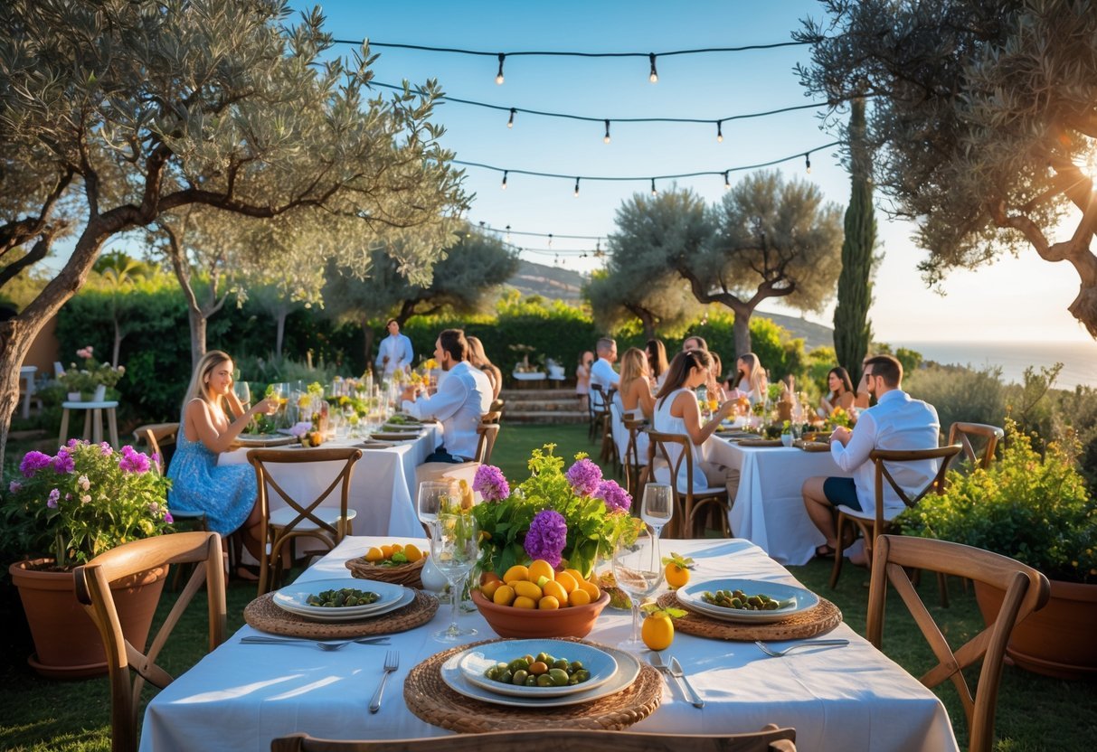 21+ Garden Party Theme Ideas: Stylish Concepts for Memorable Outdoor Events in the US 15 An outdoor garden party with wooden tables decorated with flowers and plants, surrounded by olive trees and string lights, with people enjoying food and drinks in a sunny Mediterranean setting.