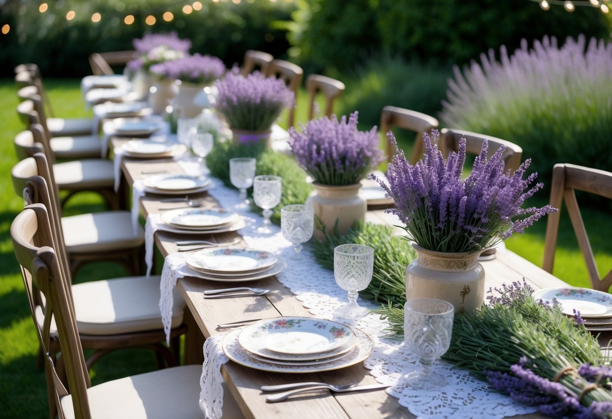 21+ Garden Party Theme Ideas: Stylish Concepts for Memorable Outdoor Events in the US 16 Outdoor garden party table set with lavender flowers, lace decorations, and wooden chairs surrounded by greenery.