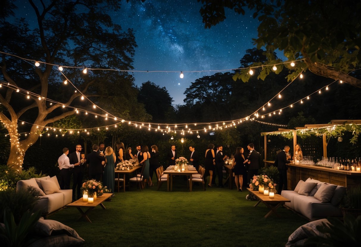 21+ Garden Party Theme Ideas: Stylish Concepts for Memorable Outdoor Events in the US 17 An evening garden party with guests socializing under string lights and stars, surrounded by trees and decorated tables.