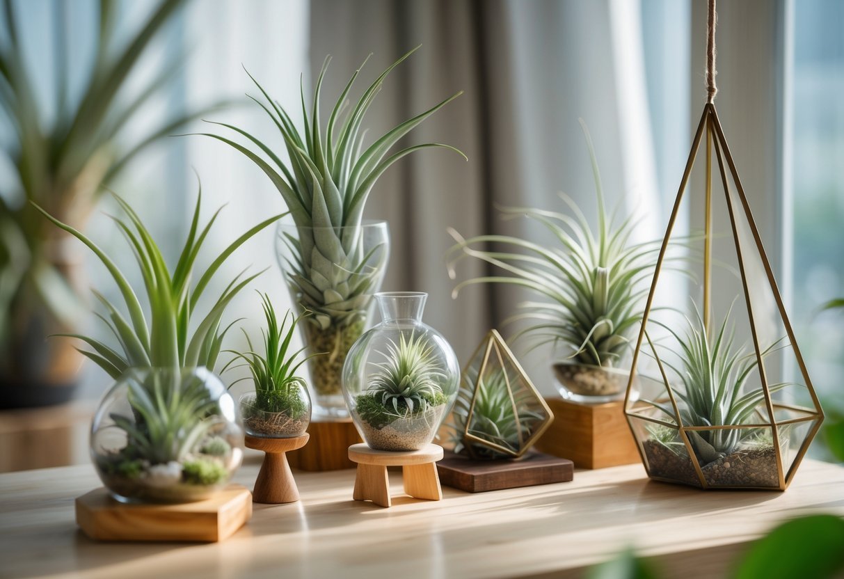 20+ Air Plants Display Ideas to Elevate Your US Home Décor 2 A variety of air plants arranged in glass terrariums, wooden stands, and hanging frames indoors with natural light.