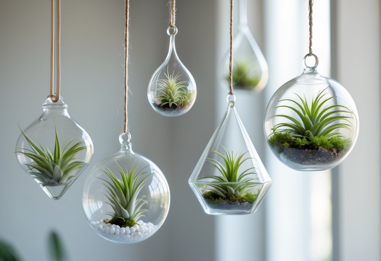 20+ Air Plants Display Ideas to Elevate Your US Home Décor 3 Several hanging glass terrariums with green air plants inside, suspended at different heights against a neutral background.