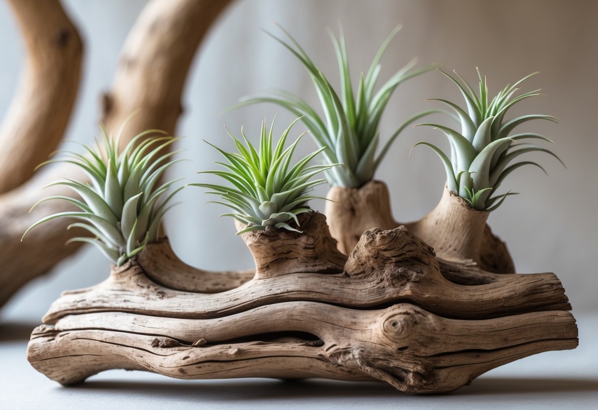 20+ Air Plants Display Ideas to Elevate Your US Home Décor 4 Air plants mounted on pieces of natural driftwood arranged on a neutral background.