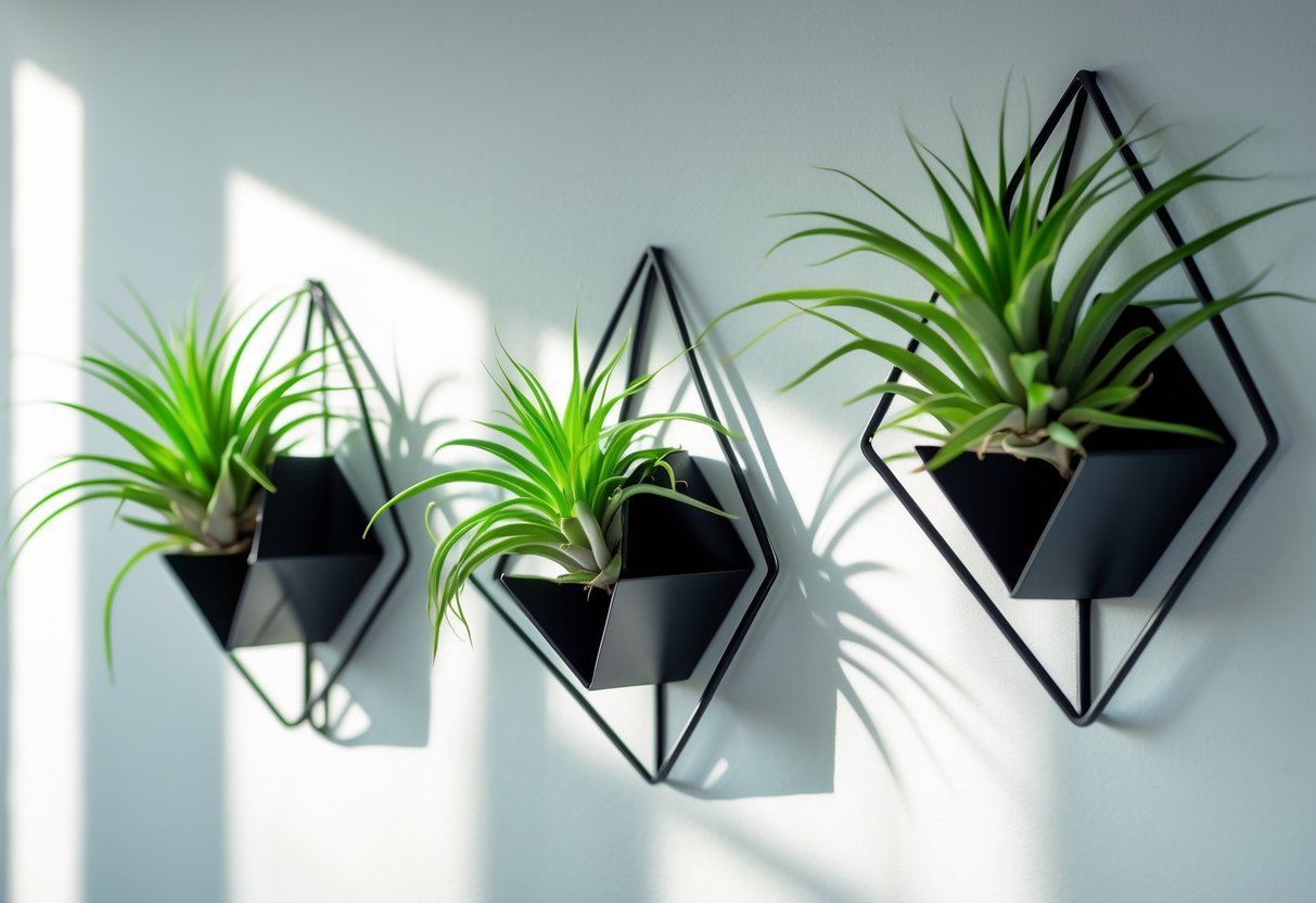 20+ Air Plants Display Ideas to Elevate Your US Home Décor 5 Three geometric metal holders mounted on a wall, each holding a green air plant.