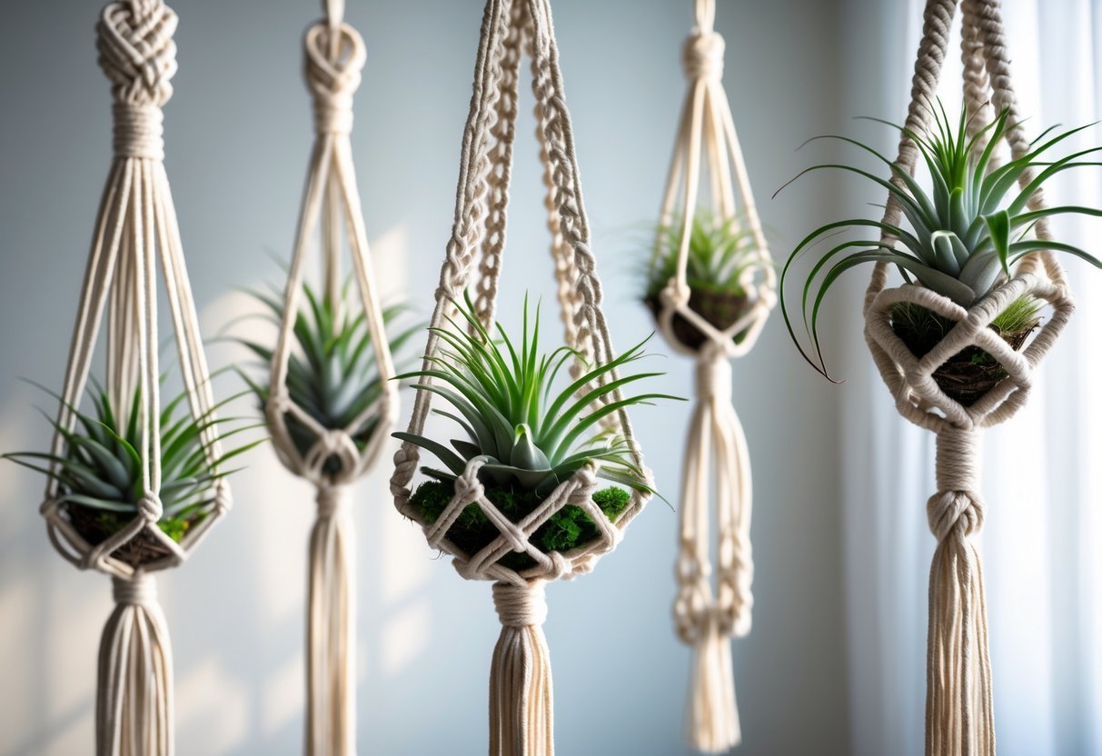 20+ Air Plants Display Ideas to Elevate Your US Home Décor 6 Several macramé plant hangers holding green air plants hanging at different heights against a plain background.