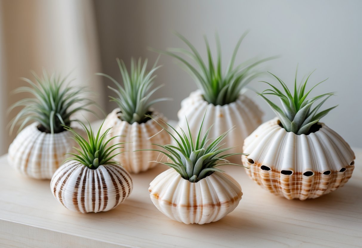 20+ Air Plants Display Ideas to Elevate Your US Home Décor 7 Five shell and sea urchin planters holding green air plants arranged on a wooden surface.