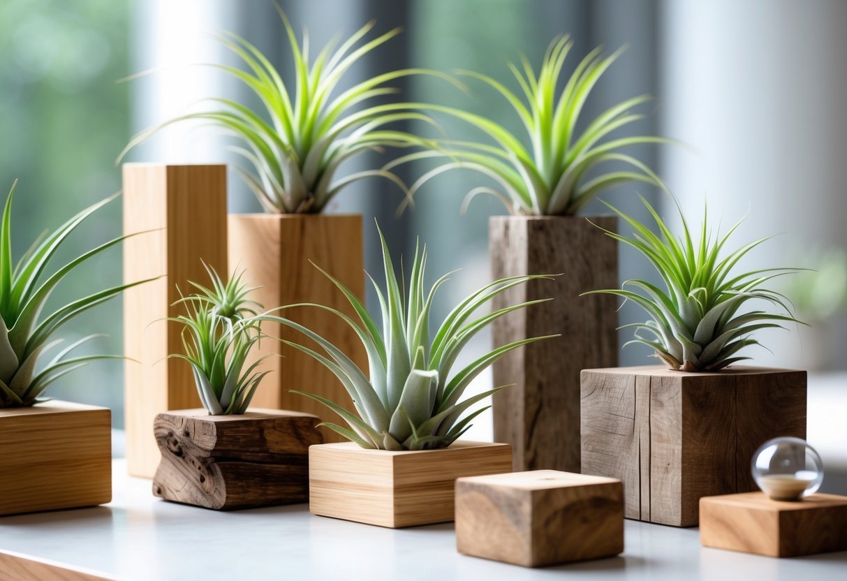 20+ Air Plants Display Ideas to Elevate Your US Home Décor 8 Air plants displayed on wooden and metal stands in a bright setting.
