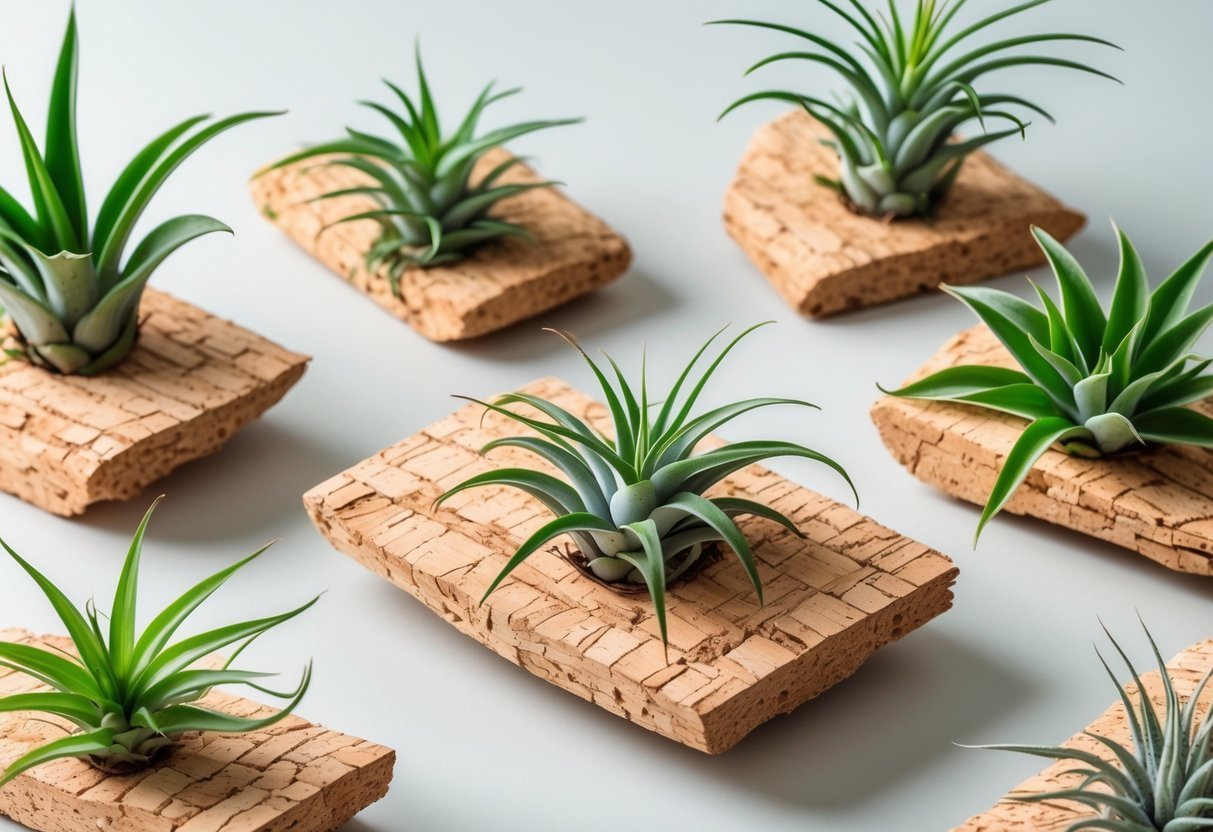 20+ Air Plants Display Ideas to Elevate Your US Home Décor 9 Several air plants displayed on pieces of cork bark arranged on a neutral background.