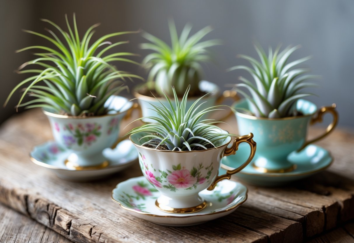 20+ Air Plants Display Ideas to Elevate Your US Home Décor 10 Air plants arranged inside vintage porcelain tea cups on a wooden surface.