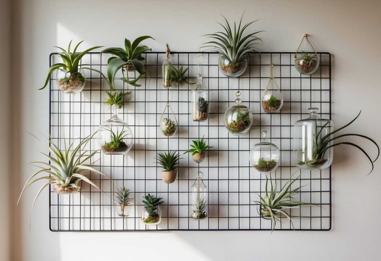 20+ Air Plants Display Ideas to Elevate Your US Home Décor 11 Wire grid wall mounted with various air plants in glass terrariums and hanging planters on a neutral wall.