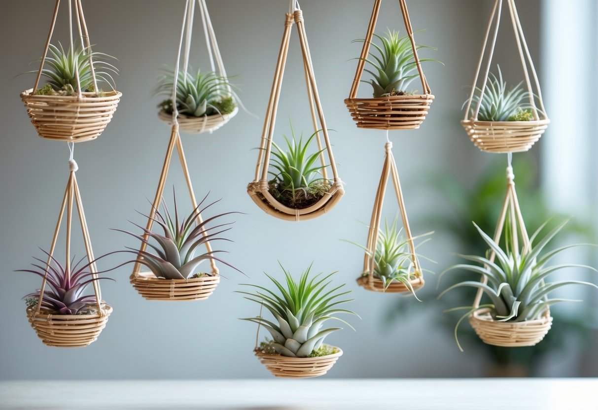 20+ Air Plants Display Ideas to Elevate Your US Home Décor 12 Ten small hanging baskets with air plants displayed at different heights against a neutral background.