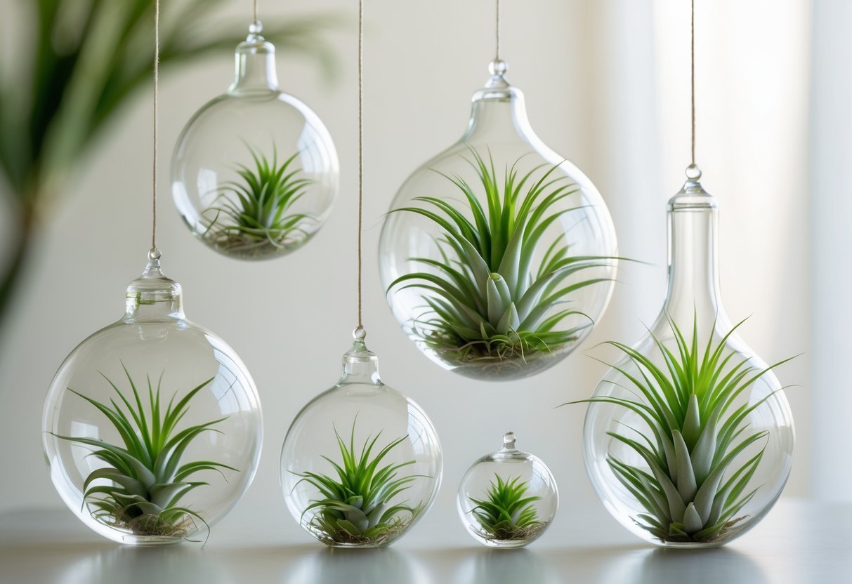 20+ Air Plants Display Ideas to Elevate Your US Home Décor 13 A collection of green air plants displayed inside clear glass bulbs and orbs hanging against a neutral background.