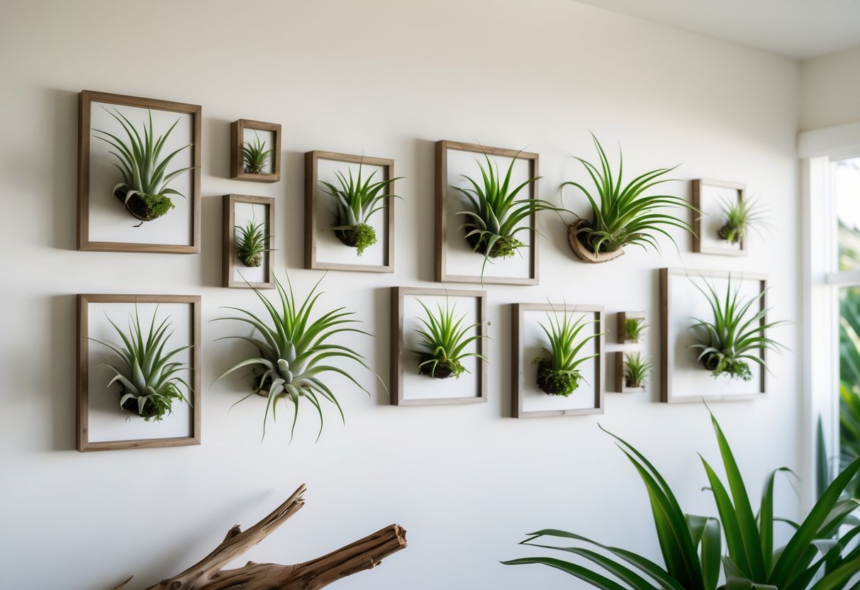 20+ Air Plants Display Ideas to Elevate Your US Home Décor 14 A wall with multiple framed displays of air plants arranged artistically on a light background.