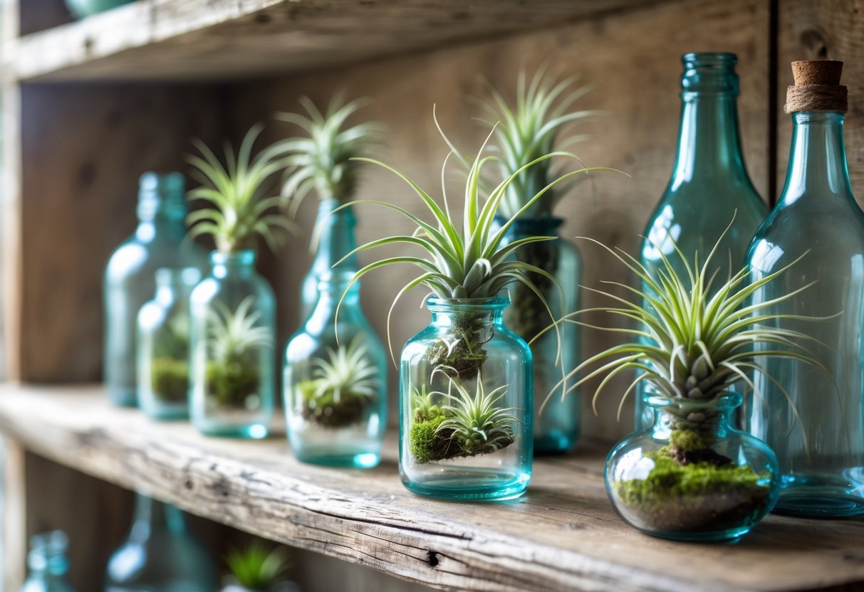 20+ Air Plants Display Ideas to Elevate Your US Home Décor 15 A variety of upcycled glass bottles and jars holding green air plants arranged on a wooden shelf.