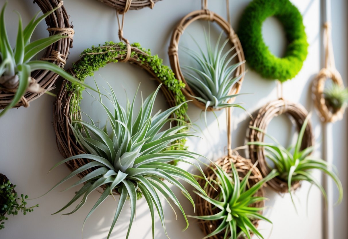 20+ Air Plants Display Ideas to Elevate Your US Home Décor 16 Several circular wreaths made of natural materials decorated with green air plants hanging against a plain background.