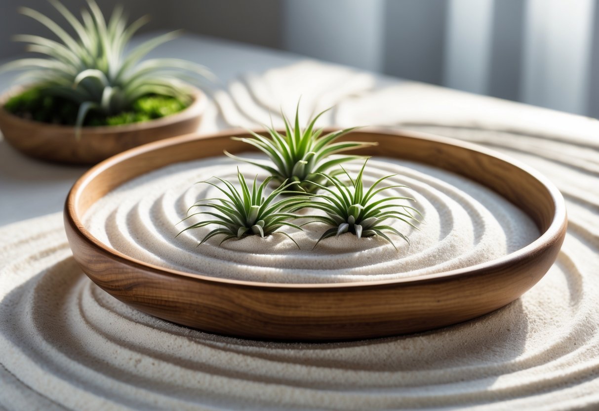 20+ Air Plants Display Ideas to Elevate Your US Home Décor 17 A tabletop Zen garden with white sand and green air plants arranged in a wooden tray.