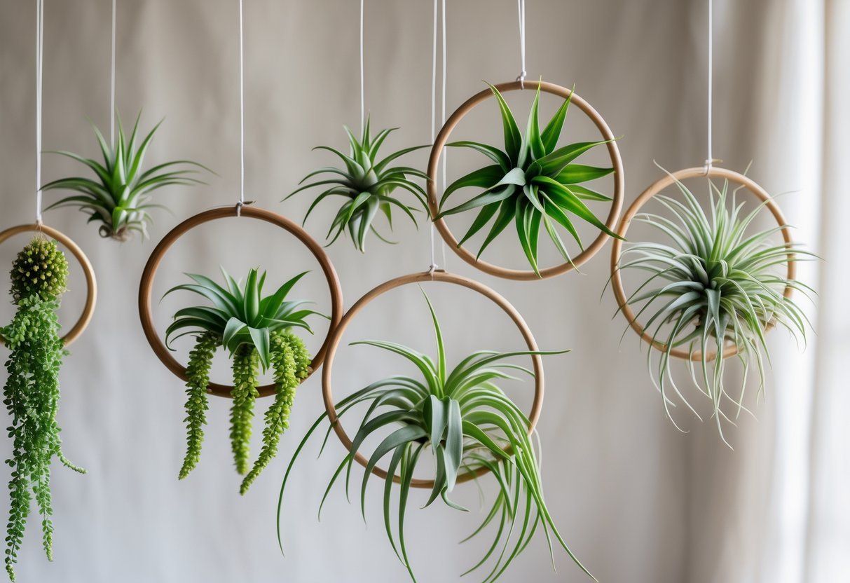 20+ Air Plants Display Ideas to Elevate Your US Home Décor 18 Several hanging circular hoops displaying green air plants against a neutral background.