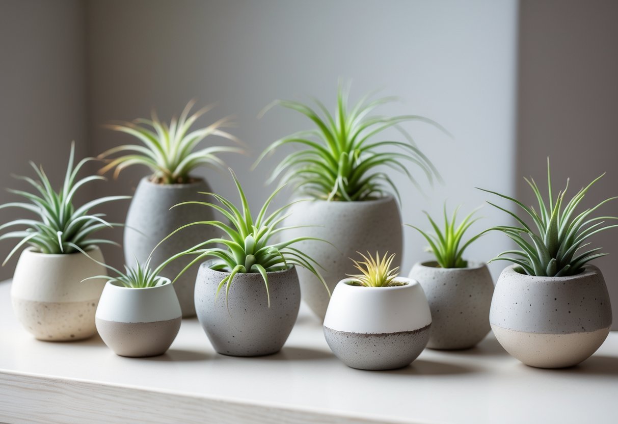 20+ Air Plants Display Ideas to Elevate Your US Home Décor 20 A collection of small ceramic and concrete pots holding green air plants arranged on a wooden surface.