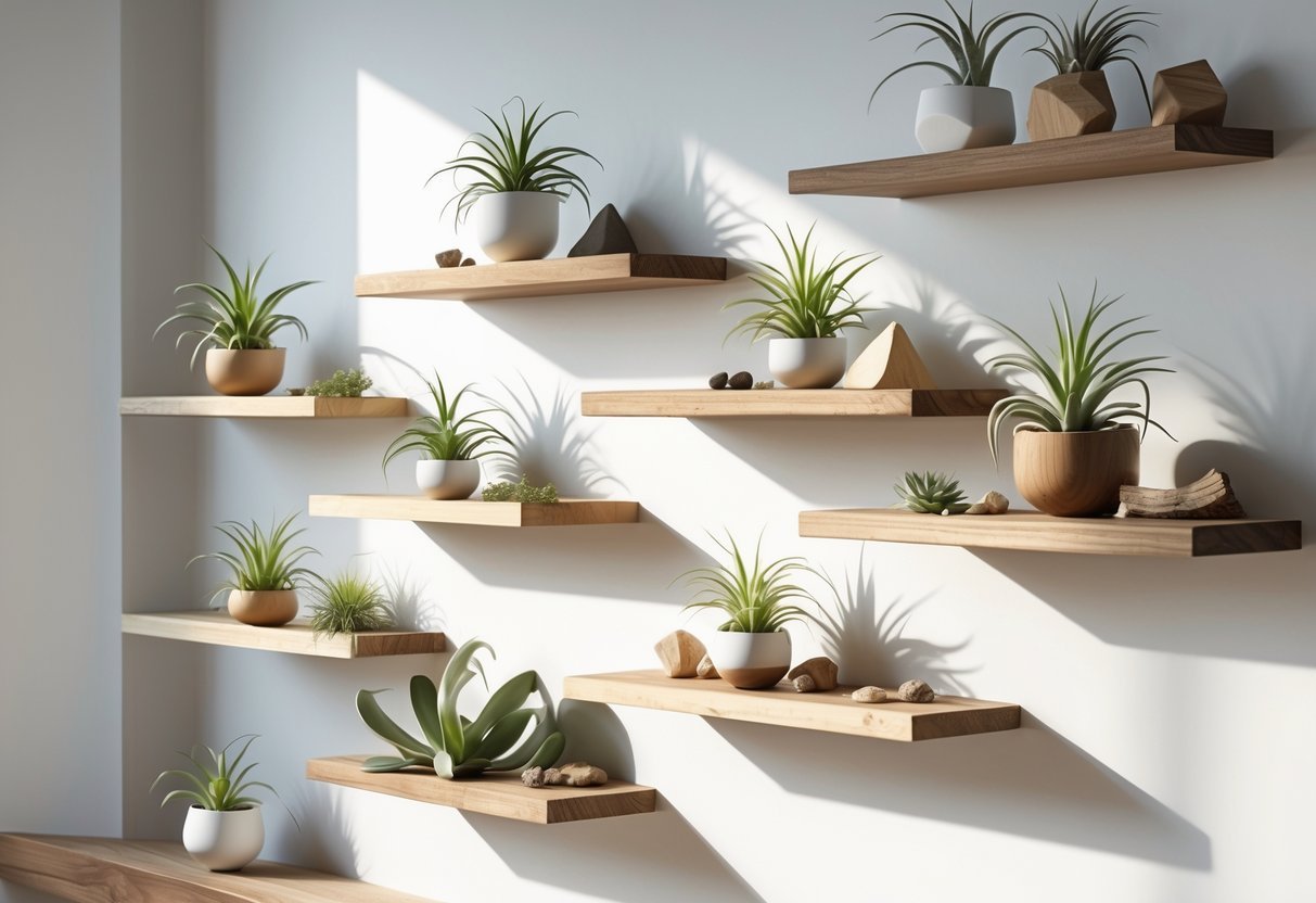 20+ Air Plants Display Ideas to Elevate Your US Home Décor 21 Floating shelves on a white wall displaying various air plants in pots and holders arranged decoratively.