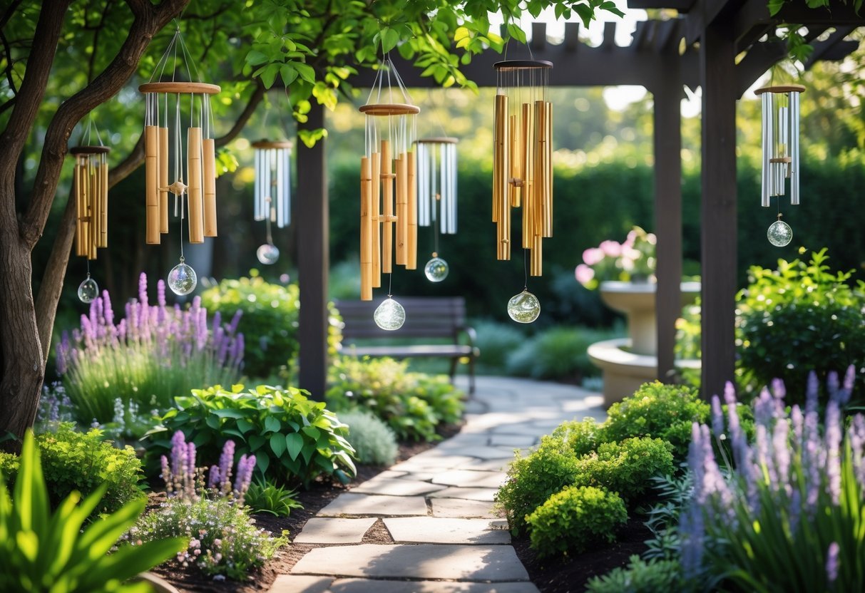 21+ Wind Chime Garden Ideas: Unique Designs to Elevate Your Outdoor Space in the US 2 A garden with wind chimes hanging from trees and pergolas surrounded by green plants, flowers, a stone pathway, a wooden bench, and a water fountain.