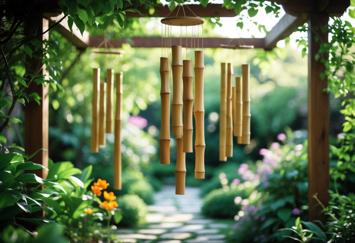 21+ Wind Chime Garden Ideas: Unique Designs to Elevate Your Outdoor Space in the US 3 Bamboo wind chimes hanging from a wooden pergola in a lush garden with green plants and flowers.