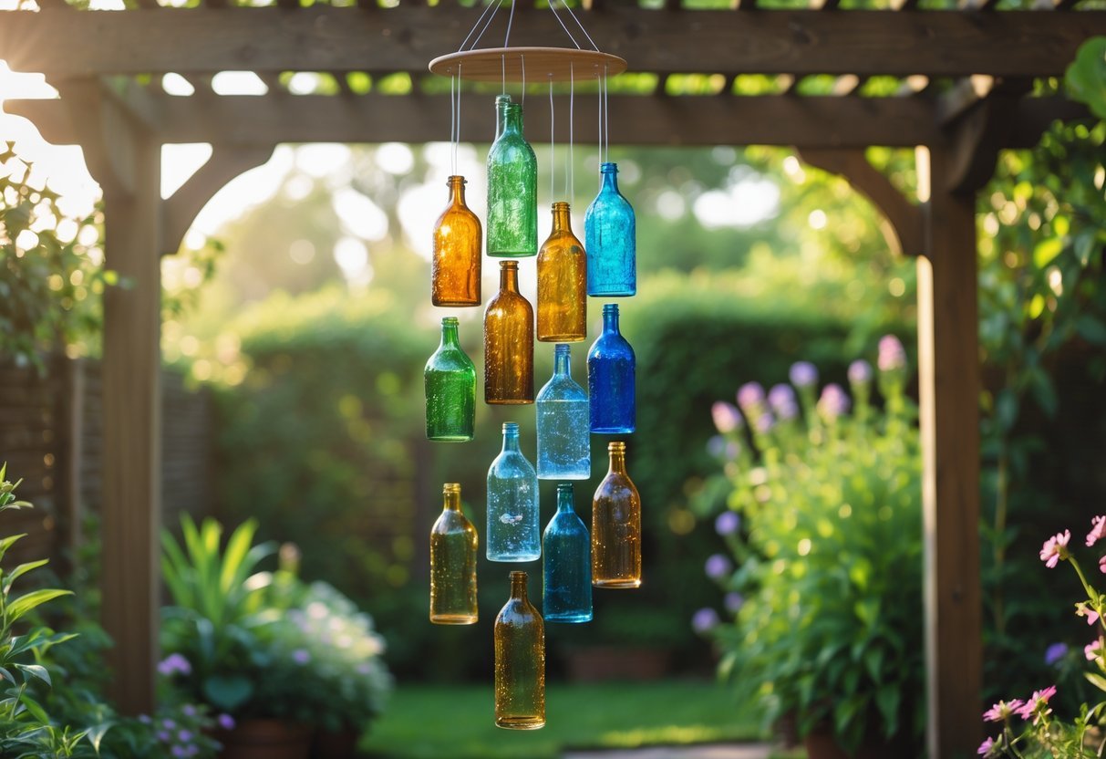 21+ Wind Chime Garden Ideas: Unique Designs to Elevate Your Outdoor Space in the US 4 Recycled glass bottle wind chimes hanging in a garden with green plants and sunlight.