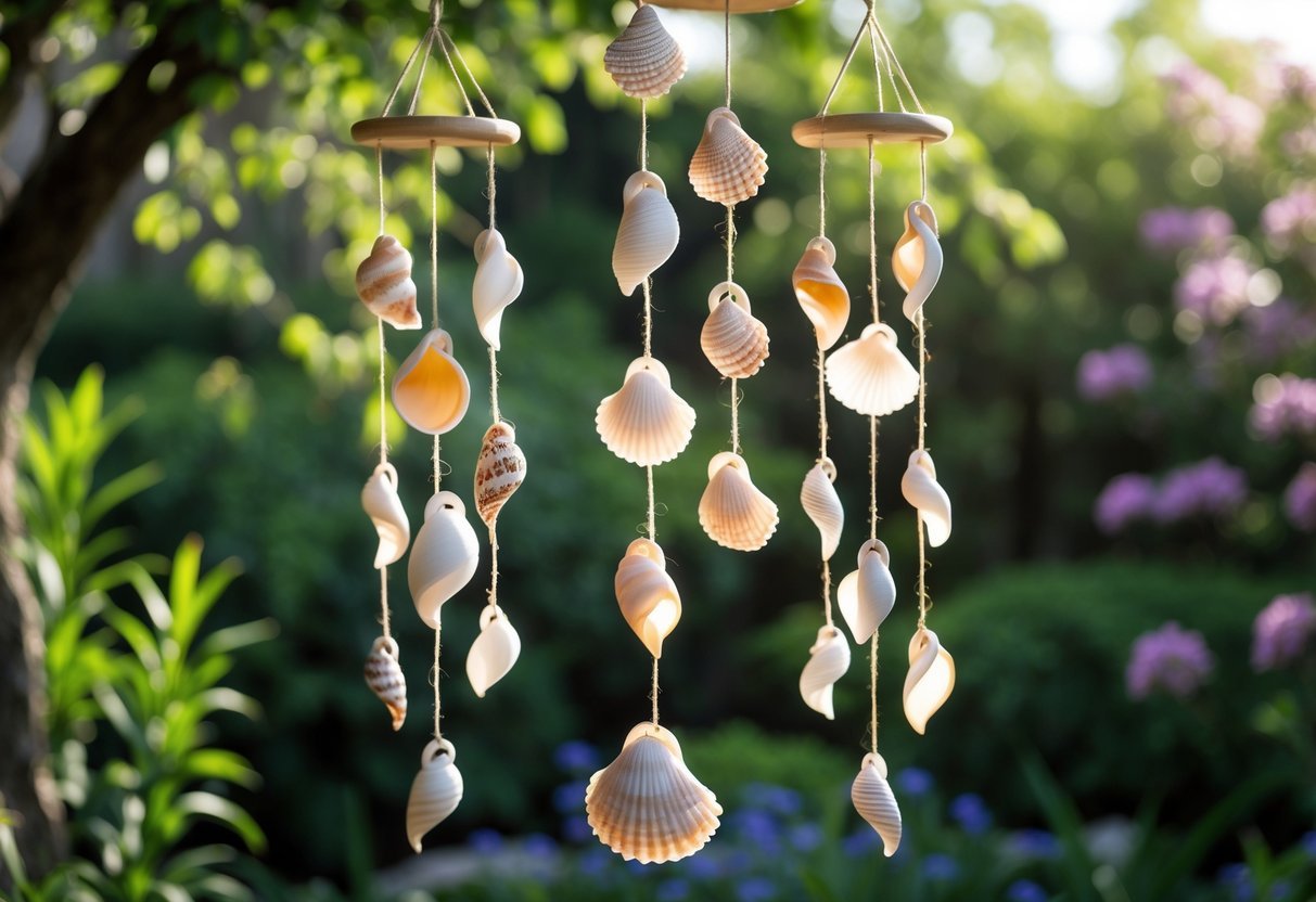 21+ Wind Chime Garden Ideas: Unique Designs to Elevate Your Outdoor Space in the US 5 Seashell wind chimes hanging in a garden with green plants and flowers in the background.