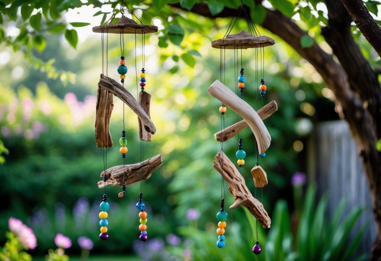 21+ Wind Chime Garden Ideas: Unique Designs to Elevate Your Outdoor Space in the US 6 Driftwood and bead wind chimes hanging from tree branches in a garden with green plants and flowers.