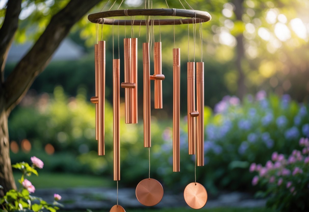 21+ Wind Chime Garden Ideas: Unique Designs to Elevate Your Outdoor Space in the US 7 Five copper pipe wind chimes hanging in a garden with green plants and flowers in the background.