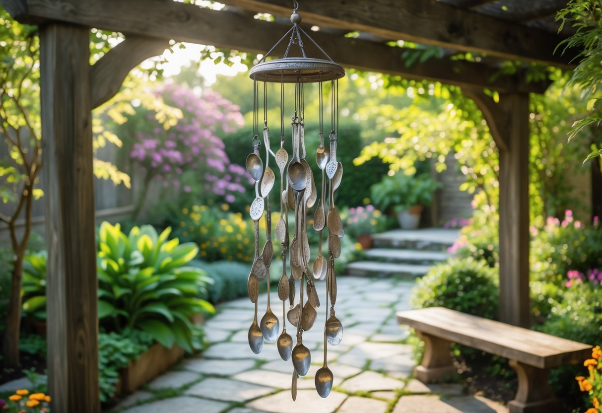 21+ Wind Chime Garden Ideas: Unique Designs to Elevate Your Outdoor Space in the US 8 A vintage spoon and fork wind chime hanging in a garden surrounded by green plants and colorful flowers.