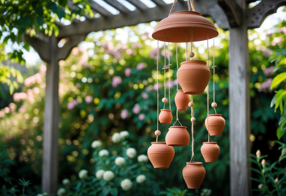 21+ Wind Chime Garden Ideas: Unique Designs to Elevate Your Outdoor Space in the US 9 Clay pot wind chimes hanging in a garden with green plants and flowers in the background.