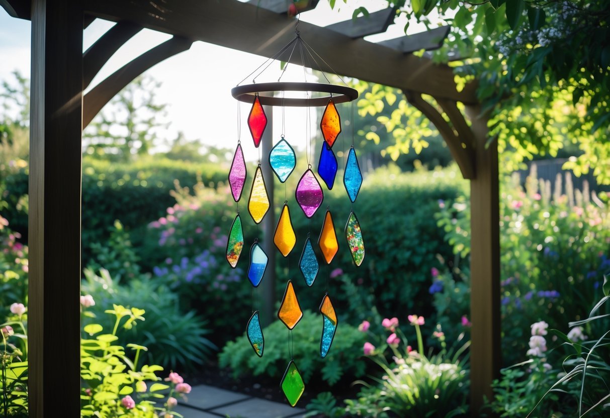 21+ Wind Chime Garden Ideas: Unique Designs to Elevate Your Outdoor Space in the US 10 Colorful stained glass wind chimes hanging in a garden surrounded by green plants and flowers.