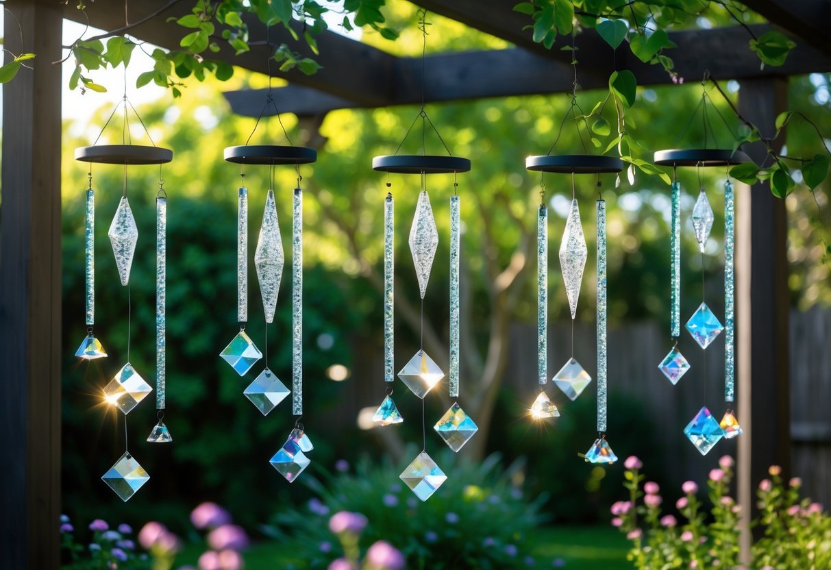 21+ Wind Chime Garden Ideas: Unique Designs to Elevate Your Outdoor Space in the US 11 A garden with nine resin and crystal wind chimes hanging among trees and flowers in sunlight.