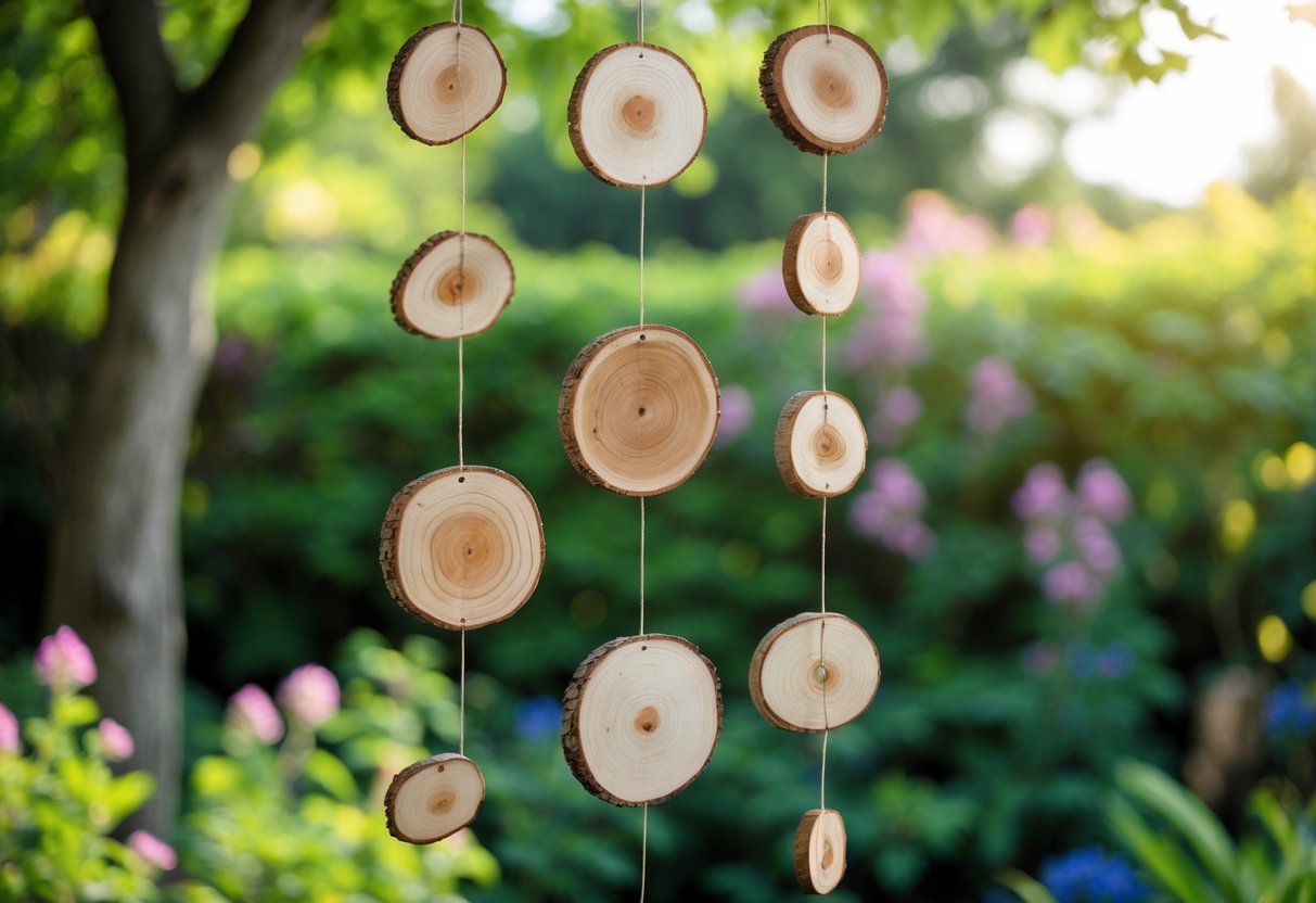 21+ Wind Chime Garden Ideas: Unique Designs to Elevate Your Outdoor Space in the US 12 Wood slice wind chimes hanging in a garden with green plants and flowers in the background.