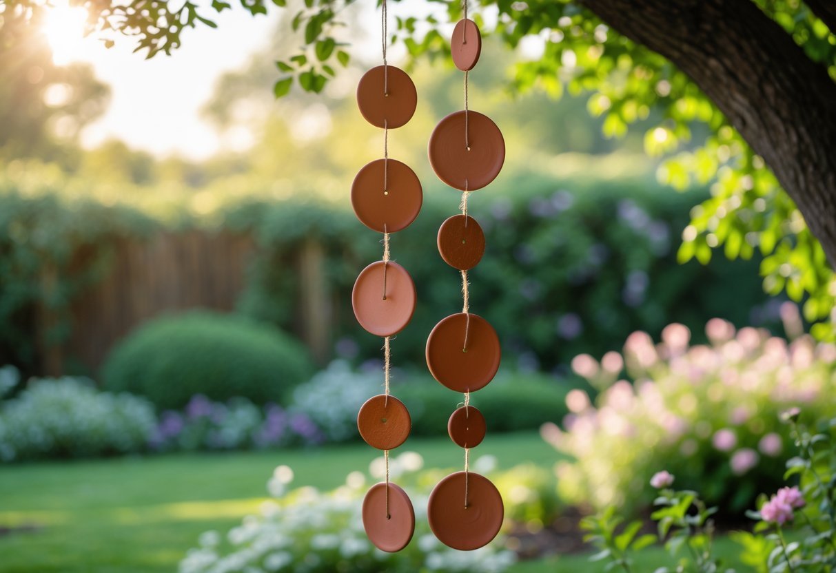 21+ Wind Chime Garden Ideas: Unique Designs to Elevate Your Outdoor Space in the US 13 Terracotta disc wind chimes hanging in a garden with green plants and flowers in the background.