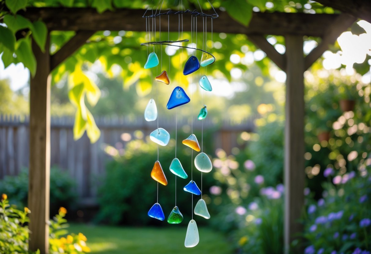 21+ Wind Chime Garden Ideas: Unique Designs to Elevate Your Outdoor Space in the US 14 Wind chimes made of colorful seaglass and wire hanging in a garden with green plants and flowers.