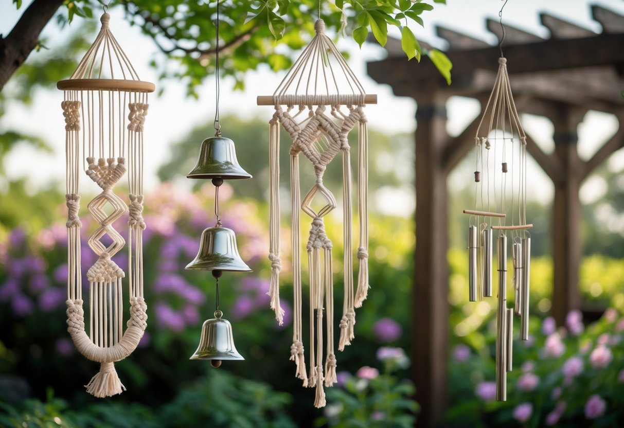 21+ Wind Chime Garden Ideas: Unique Designs to Elevate Your Outdoor Space in the US 15 A garden with macrame wind chimes and metal bell chimes hanging from tree branches surrounded by green plants and flowers.