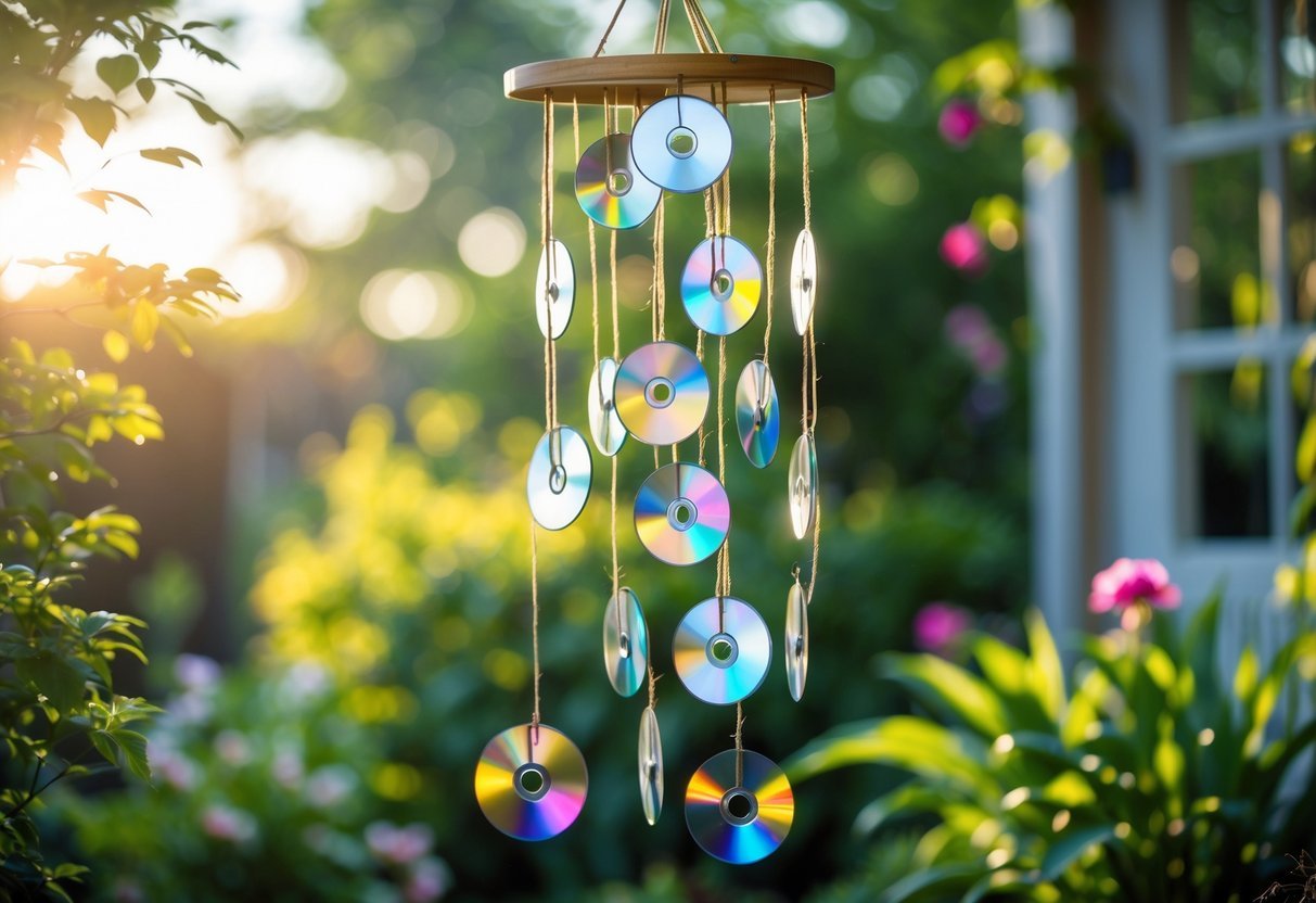 21+ Wind Chime Garden Ideas: Unique Designs to Elevate Your Outdoor Space in the US 16 Wind chimes made from recycled CDs hanging in a garden surrounded by green plants and flowers.