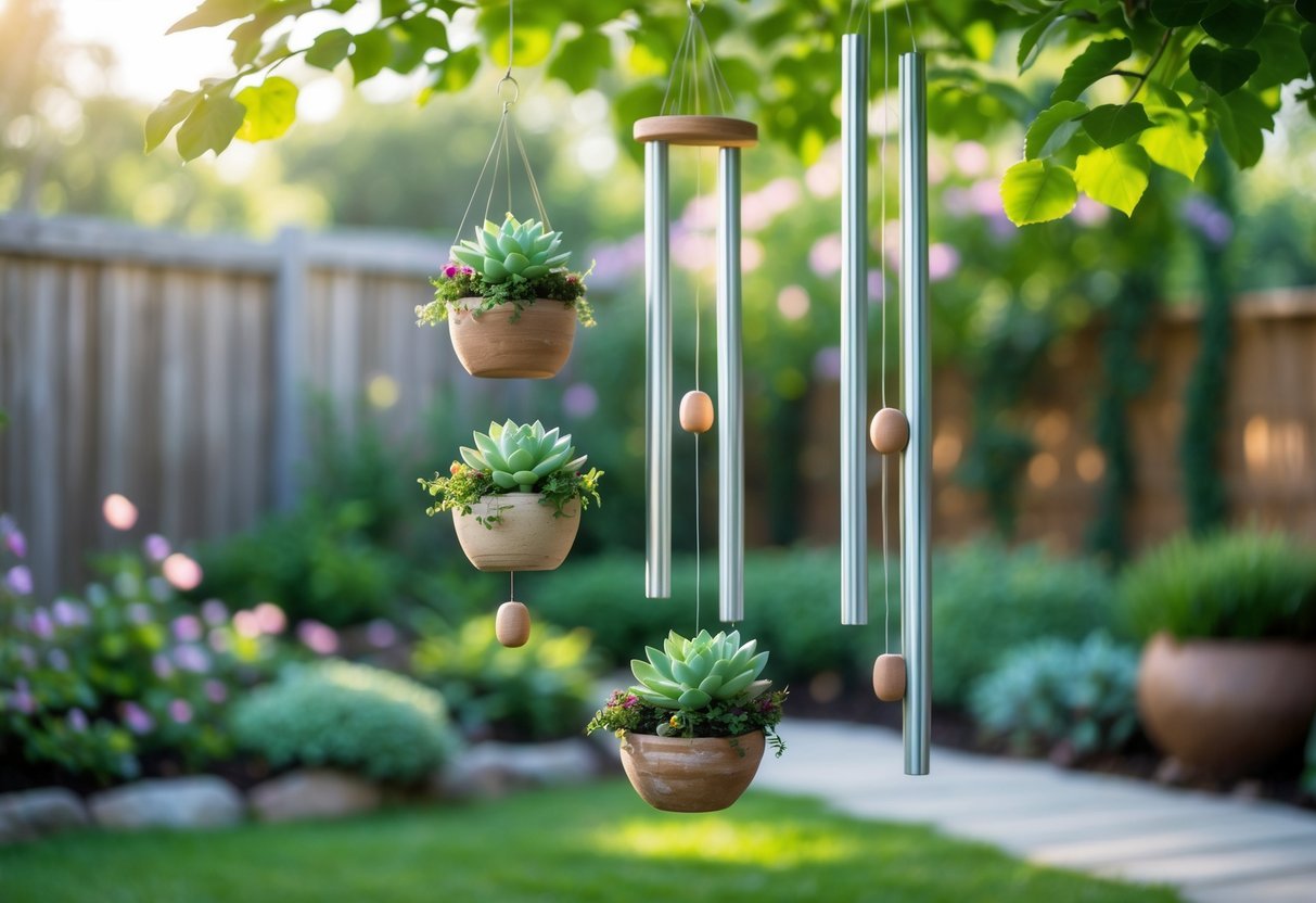 21+ Wind Chime Garden Ideas: Unique Designs to Elevate Your Outdoor Space in the US 17 Succulent planter wind chimes hanging in a garden surrounded by greenery and flowers.